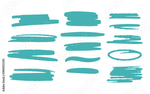 Set of teal hand-drawn highlighter strokes and underlines with a textured distressed effect vector illustration