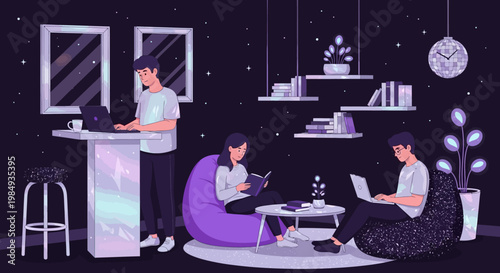 People working and relaxing in a modern co-working space.