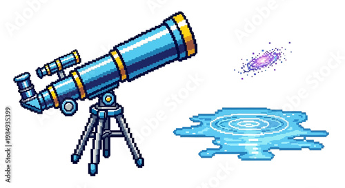A detailed illustration of a blue telescope on a tripod.