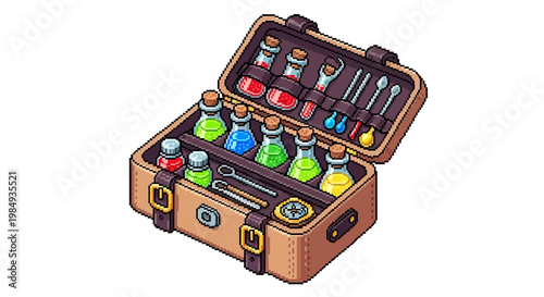 Alchemists Potion Kit with Colorful Elixirs and Tools.