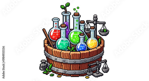 Alchemists Wooden Barrel Filled with Colorful Potion Bottles and Scientific Equipment.