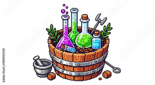 Alchemy Potion Ingredients and Tools in Wooden Bucket.