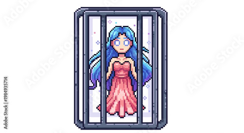Captive Anime Girl in Cage with Blue Hair.