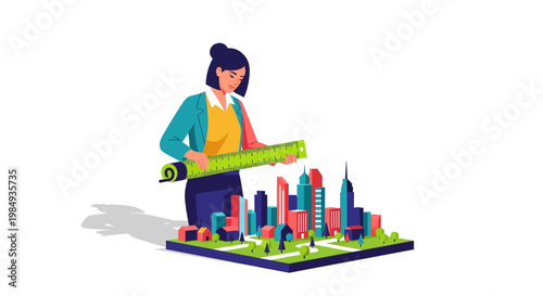 Architect woman designing city model with blueprints.