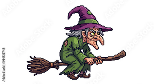 Cartoon witch flying on a broomstick with a green dress and purple hat.