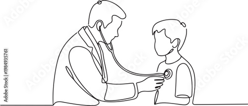 Single one line drawing of doctor with a stethoscope examining a boy patient. Male doctor in a white coat examining the lungs of a teenage boy. one line icon drawing vector