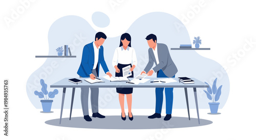 Business team collaborating on project at office table, planning and discussion