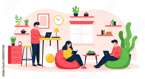 People working and relaxing in a modern coworking space.