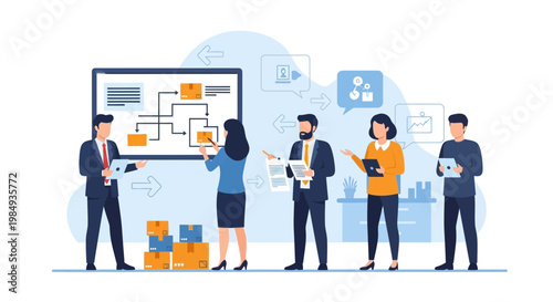 Business Team Collaborating on Strategy and Planning with Flowchart on Screen
