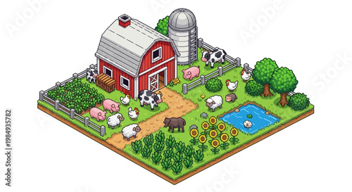Charming Isometric Farm Scene with Animals and Crops.