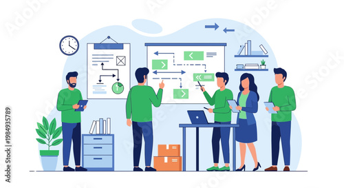 Business team collaborating on strategy, planning project workflow on whiteboard