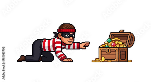 Cartoon Thief Reaching for Treasure Chest Full of Gold Coins.