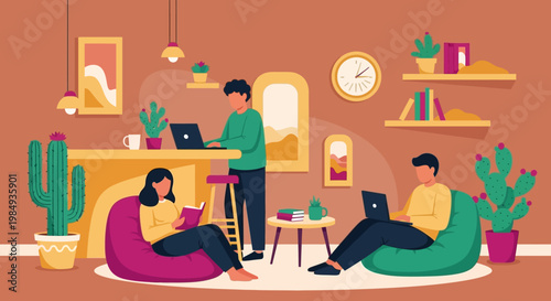 People working and studying in a cozy home environment.