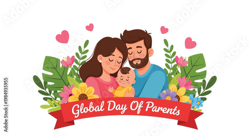 Loving parents embrace their baby amidst colorful flowers and lush green leaves for Global Parents Day.