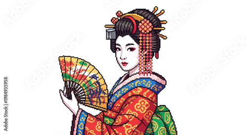Beautiful Japanese Geisha Woman Holding Colorful Fan.
