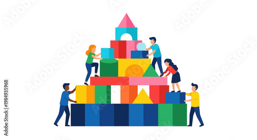 Children Building Tall Tower Together With Colorful Blocks.