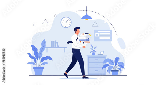 Businessman carrying box with documents in modern office, time management concept