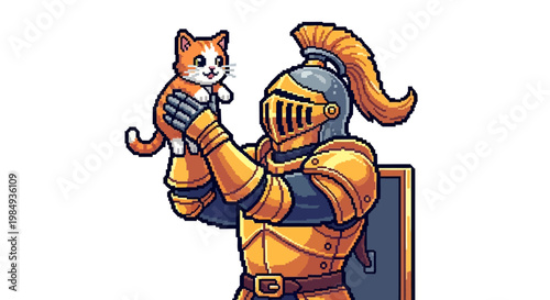Brave Knight Holding a Cute Orange Kitten in Armor.