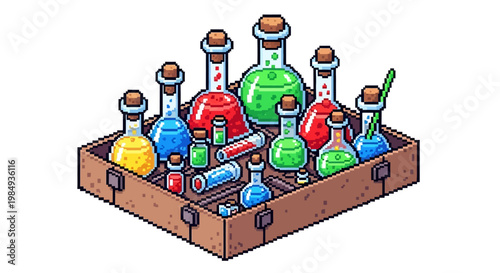 Collection of Colorful Potion Bottles in Wooden Crate.