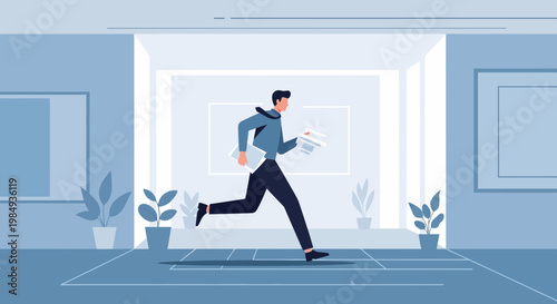 Businessman running with documents in modern office hallway, urgent deadline concept