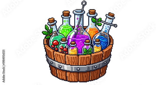 Collection of colorful potions in a wooden bucket.