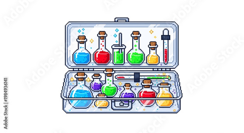 Collection of Colorful Potion Bottles in a Science Kit.