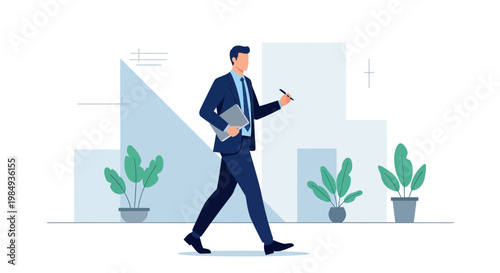 Businessman walking with laptop and pen, modern city background, business concept