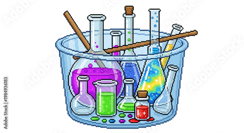 Collection of Colorful Science Laboratory Glassware and Liquids.