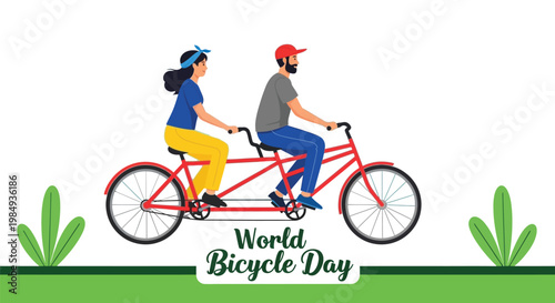 Tandem bicycle riders celebrate World Bicycle Day with green foliage.