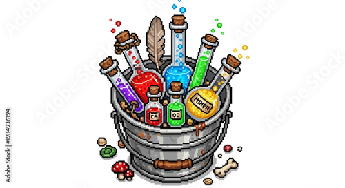 Collection of Magical Potions in a Metal Bucket.
