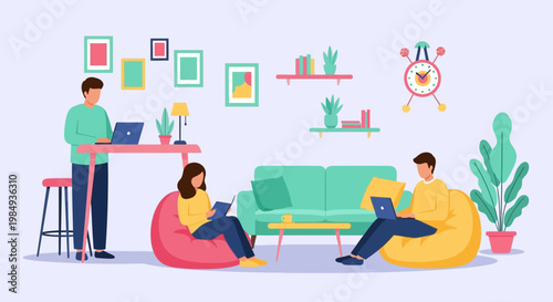 People working and relaxing in a modern co-working space.