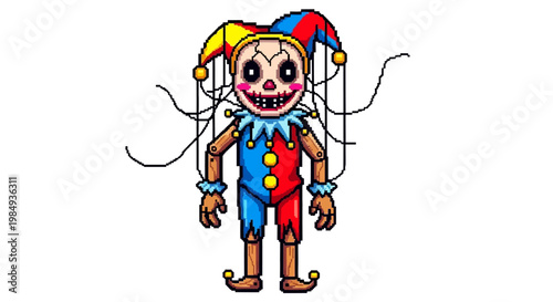 Creepy Jester Puppet With Scary Face and Strings.