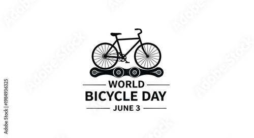 Bicycle graphic design celebrates World Bicycle Day with chain link and date.
