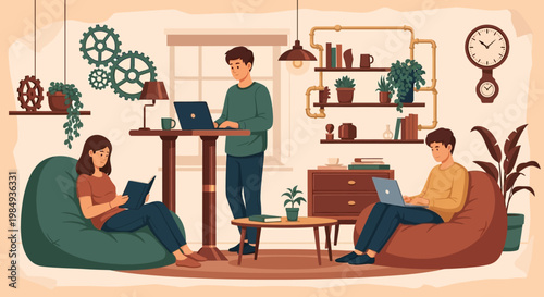 People working and studying in a modern coworking space.