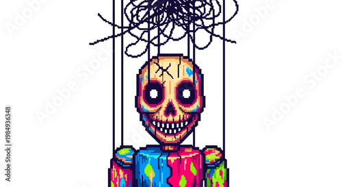 Creepy Pixel Art Marionette Puppet with Skull Head.
