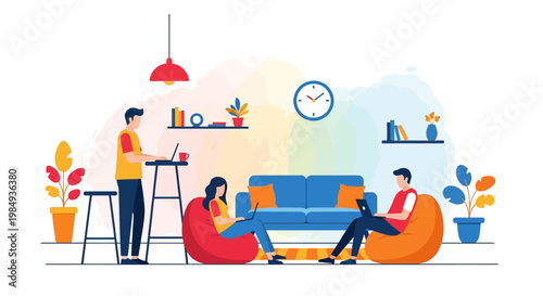 People working and relaxing in a modern co-working space.