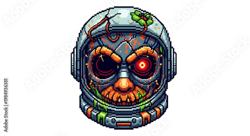 Creepy Zombie Astronaut Helmet Pixel Art Illustration.