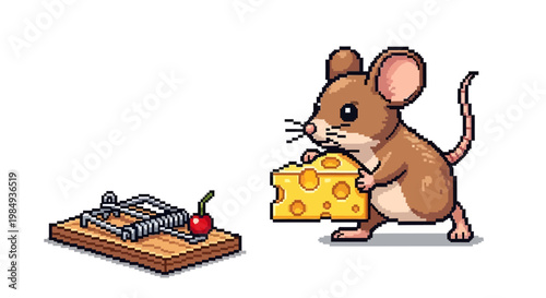 Cute cartoon mouse holding cheese near mousetrap.