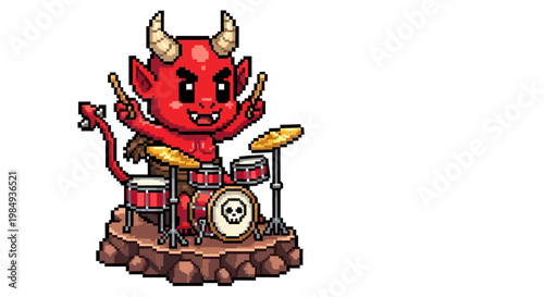 Cute cartoon devil playing drums with enthusiasm.
