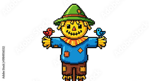 Cute Cartoon Scarecrow Character with Birds.