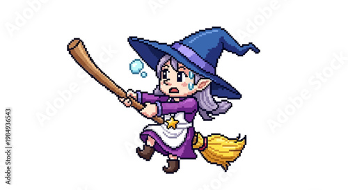 Cute cartoon witch flying on a broomstick.
