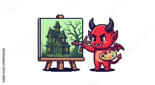 Cute devil painting a haunted house on canvas.