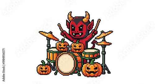 Cute Devil Playing Halloween Drum Set with Pumpkins.