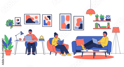 People working and relaxing in a modern living room.