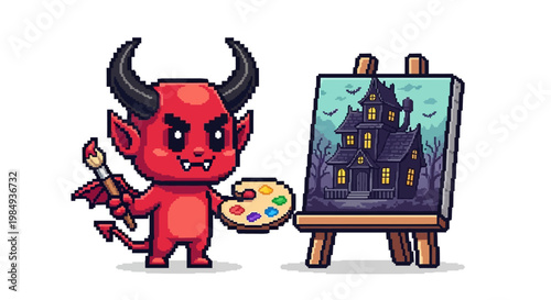 Cute little devil painting a haunted house on canvas.