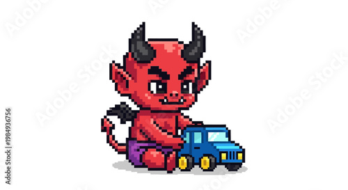 Cute Pixel Art Baby Devil Playing with Toy Car.