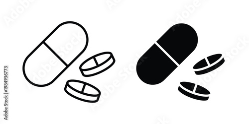 Medicine tablet icon and symbol. Vector icons set