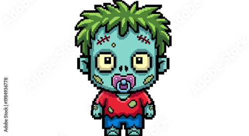 Cute Pixel Art Baby Zombie Character with Pacifier.