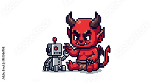 Cute Pixel Art Devil and Robot Friends Together.