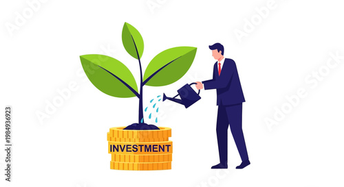 Businessman watering money plant symbolizing investment growth.